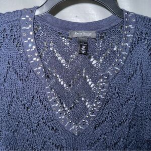 WHBM Women’s Large Navy Crocheted Long Sleeve Sweater with Jeweled Neckline